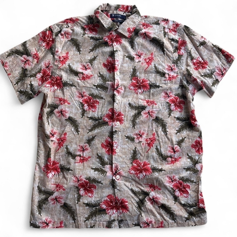 Cremieux Shirt Men's L Short Sleeve Hawaiian Red Hibiscus Collar ButtonUp